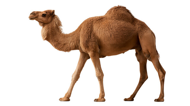 Full body side view of a brown dromedary camel standing