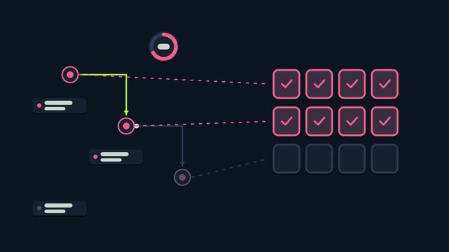 Seamless 4K looping animation explaining patch rollout waves, with the diagram installing stepwise. Flat vector shapes, glowing blue and azure connector lines and dark UI cards with blank text placeho