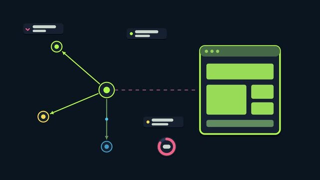 Animated resource prefetch hints concept in a modern dark mode style, warming assets in a smooth 4K seamless loop. Neon bright green accents, flowing dots and placeholder interface cards on a dark bac