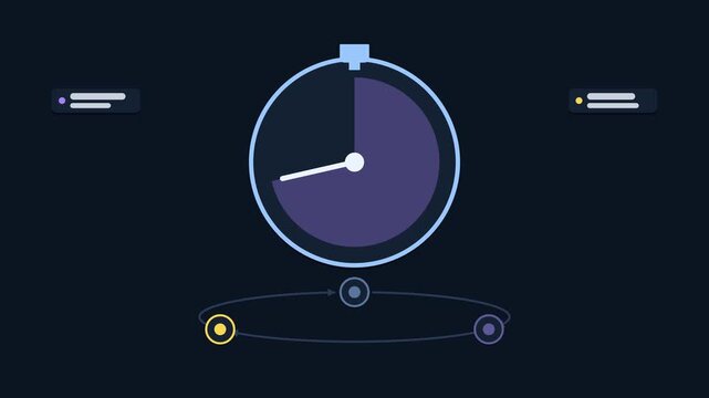 Animated work time tracking concept in a modern dark mode style, logging hours in a smooth 4K seamless loop. Neon blue and azure accents, flowing dots and placeholder interface cards on a dark backgro