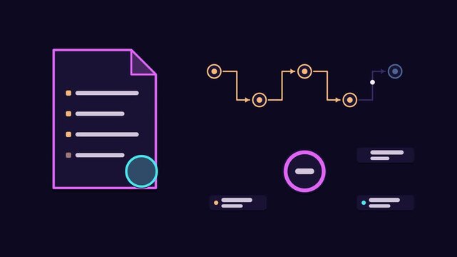 Seamless 4K looping animation explaining code signing verification, with the diagram validating seals. Flat vector shapes, glowing purple and violet connector lines and dark UI cards with blank text p