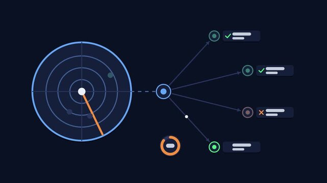 Seamless 4K looping animation explaining vulnerability scanning, with the diagram sweeping target grid. Flat vector shapes, glowing blue and azure connector lines and dark UI cards with blank text pla