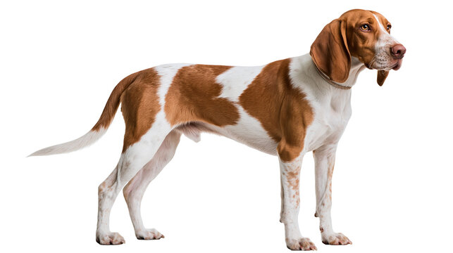Brown and white short-haired pointer dog standing in profile