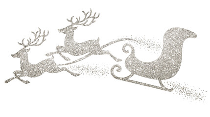 Silver glitter reindeer pulling a sleigh with sparkling dust particles © Eike