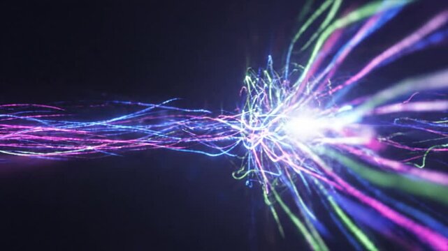 Glowing neon light fibers weaving together into a bright central