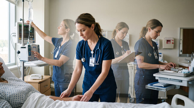 Female Hospital Nurse with Multitasking Role Job Collaborating with Medical Team