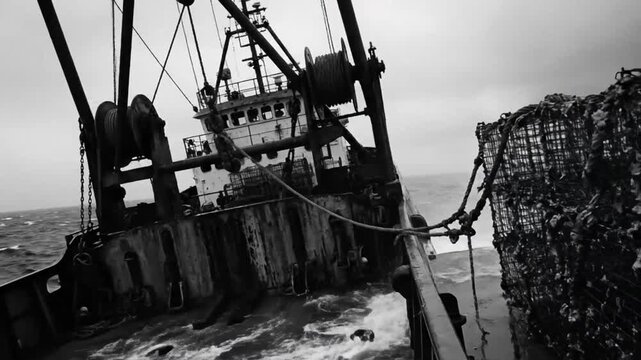 Dramatic monochrome shot of a weathered fishing trawler sailing through rough seas under a stormy sky