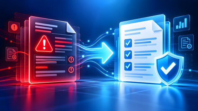 Red warning document transforming into secure blue checklist representing error correction and compliance approval