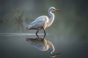 Herons in shallow water, herons seen in shallow waters, marshes, or rice paddies. Herons are the most representative birds of wetland ecosystems, preferring to hunt in shallow water.  © showins
