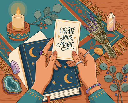 Create your magic spiritual affirmation card with crystals candle herbs and celestial book