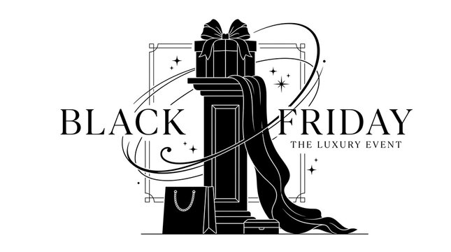 Black Friday sale announcement with gift box and ribbon elegant vector illustration