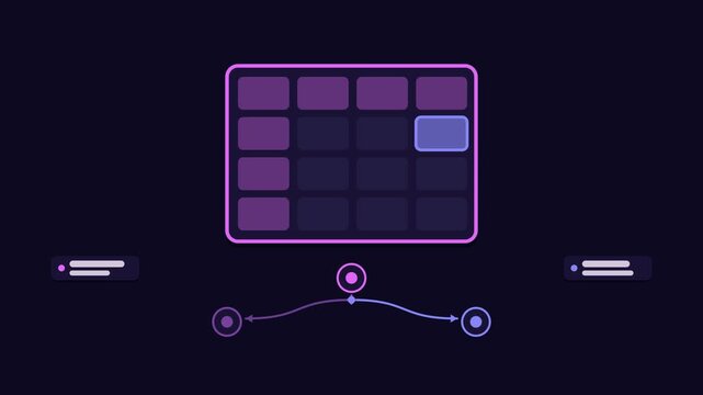 Seamless 4K looping animation explaining size selection guide, with the diagram matching fits. Flat vector shapes, glowing purple and violet connector lines and dark UI cards with blank text placehold