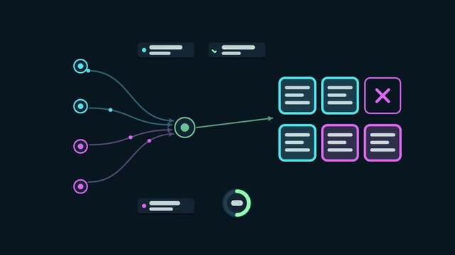 Seamless 4K looping animation explaining erasure coding blocks, with the diagram rebuilding data. Flat vector shapes, glowing blue and azure connector lines and dark UI cards with blank text placehold
