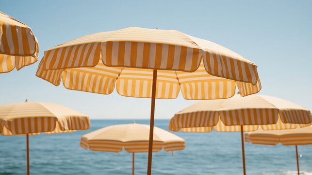 Yellow and white striped beach umbrellas against a clear blue sky and ocean on a sunny day