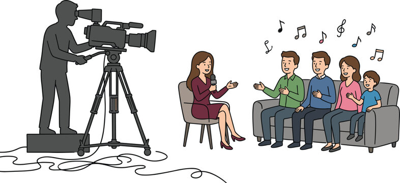 Television journalist interviewing happy family singing together on sofa during a live broadcasting talk show in studio