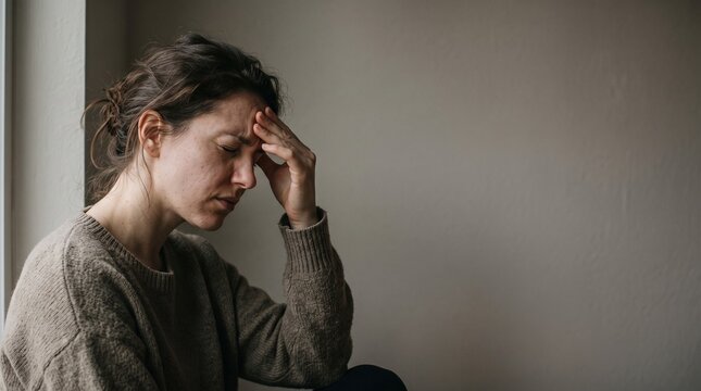 Portrait of a Depressed and Stressed Young Woman Sitting Alone Indoors Holding Her Head in Sadness and Despair