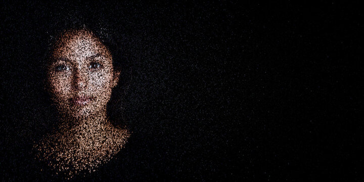 Digital ID Portrait of Latin American Woman with Face made up of Numbers and Symbols. Decentralized identifier Concept with copy-space.