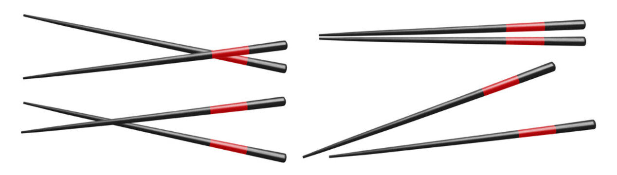 Collection of black chopstick pairs in parallel and crossed positions, isolated on transparent cutout background