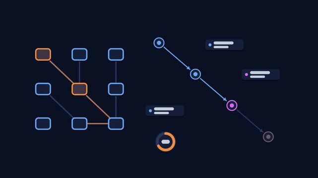 Seamless 4K looping animation explaining data lineage tracking, with the diagram tracing transformations. Flat vector shapes, glowing blue and azure connector lines and dark UI cards with blank text p