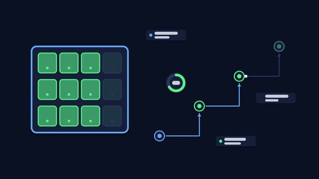 Animated firmware rollout waves concept in a modern dark mode style, updating fleets in a smooth 4K seamless loop. Neon blue and azure accents, flowing dots and placeholder interface cards on a dark b
