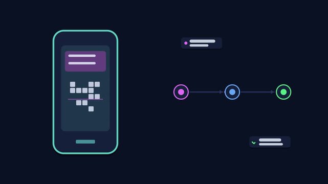 Seamless 4K looping animation explaining boarding pass phone, with the diagram passing gates. Flat vector shapes, glowing blue and azure connector lines and dark UI cards with blank text placeholders 