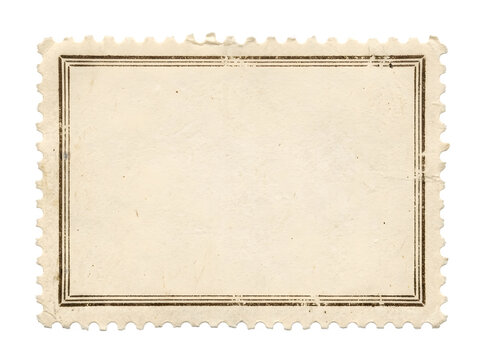 Vintage blank postage stamp with perforated edges, antique paper texture for mail design, retro postmark frame isolated on white background