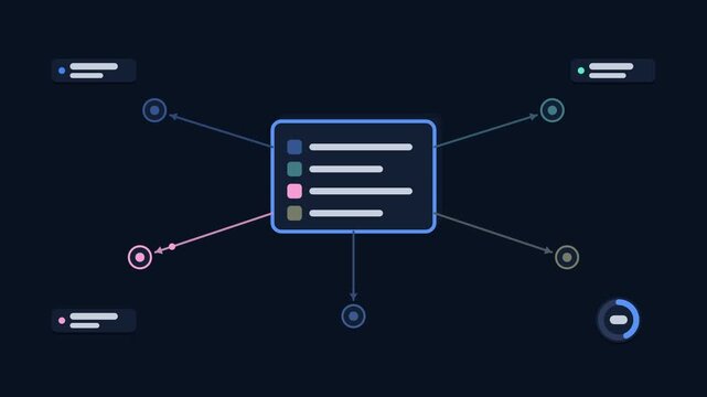 Animated catalog metadata index concept in a modern dark mode style, describing datasets in a smooth 4K seamless loop. Neon blue and azure accents, flowing dots and placeholder interface cards on a da