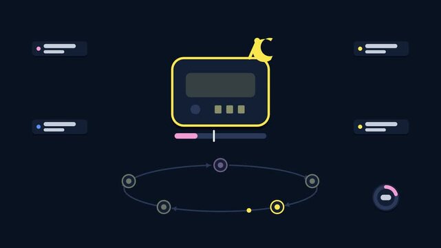 Seamless 4K looping animation explaining duty cycle sleep, with the diagram saving power. Flat vector shapes, glowing blue and azure connector lines and dark UI cards with blank text placeholders sit 