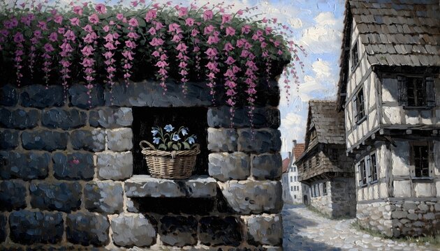 Charming medieval village street with blooming flowers and half-timbered houses