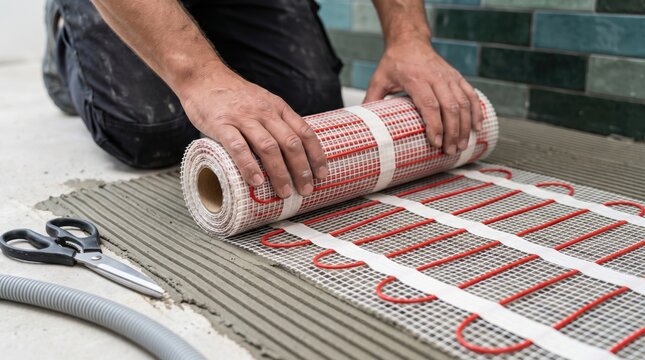 Worker unrolling an electric underfloor heating mat over tile adhesive, representing home renovation, radiant floor installation and construction concept