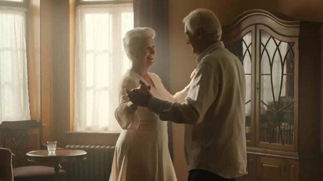 Senior couple waltzing together on vintage Persian rug in cozy living room, smiling elderly man and woman dancing at home
