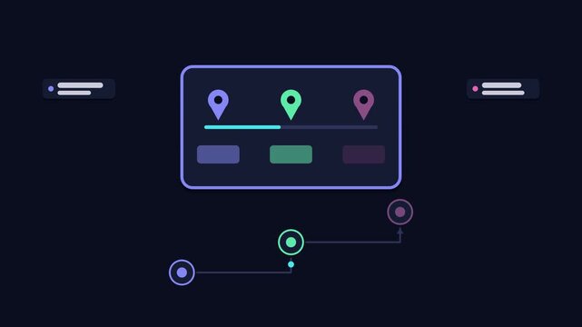 Seamless 4K looping animation explaining trip itinerary plan, with the diagram linking stops. Flat vector shapes, glowing blue and azure connector lines and dark UI cards with blank text placeholders 