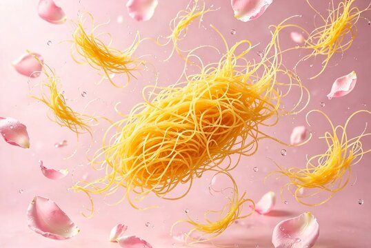 Thai foi thong golden egg yolk threads floating with rose petals, premium 5K