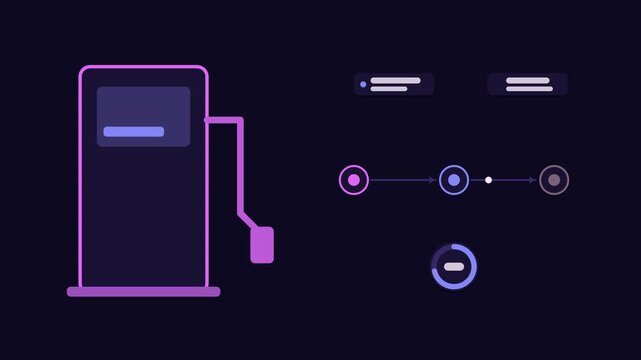 Animated fuel station payment concept in a modern dark mode style, paying pumps in a smooth 4K seamless loop. Neon purple and violet accents, flowing dots and placeholder interface cards on a dark bac
