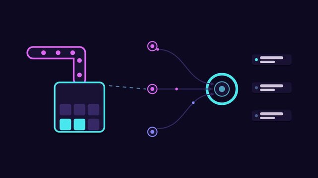 Seamless 4K looping animation explaining stream to batch bridge, with the diagram batching. Flat vector shapes, glowing purple and violet connector lines and dark UI cards with blank text placeholders