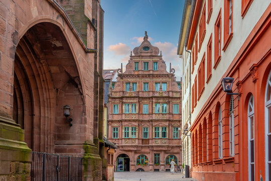 Historic Renaissance architecture along a charming street in Heidelberg Old Town, Germany