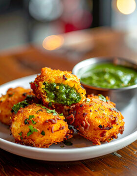 Crispy golden paneer pakoras with tangy green mint chutney, tamarind sauce, blurred cozy cafe setting, appetizing Indian snack, tasty food. Close-up.
