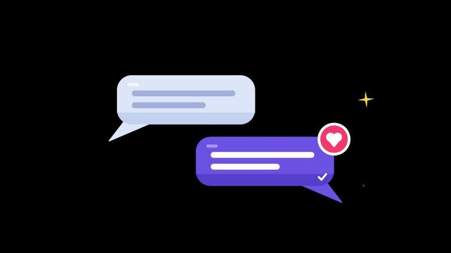 Alpha Channel Animated chat bubbles with typing indicator, sending message, and like notification on transparent background for social media and communication concepts.