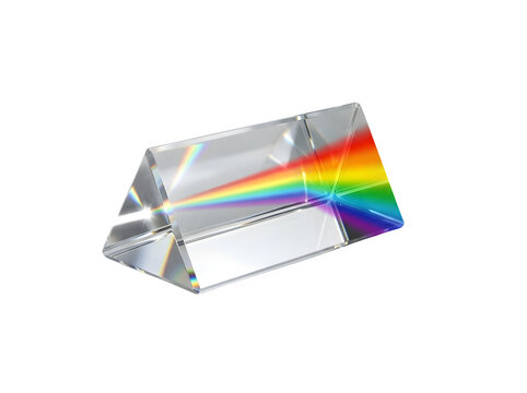 Optical glass prism with rainbow light spectrum, triangular crystal for light refraction, scientific physics tool showing color dispersion