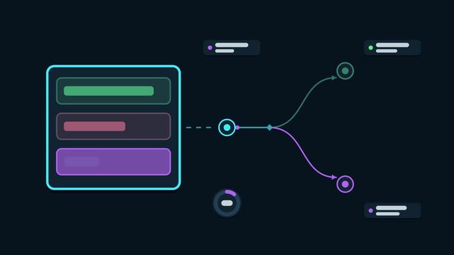 Animated adaptive bitrate ladder concept in a modern dark mode style, matching bandwidth in a smooth 4K seamless loop. Neon blue and azure accents, flowing dots and placeholder interface cards on a da