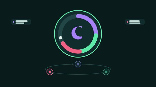 Animated sleep tracking night concept in a modern dark mode style, measuring phases in a smooth 4K seamless loop. Neon teal and turquoise accents, flowing dots and placeholder interface cards on a dar