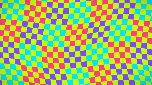 Psychedelic checkerboard pattern with wavy distortion in neon green purple pink and cyan colors