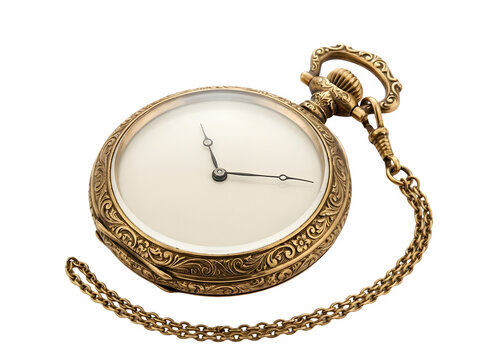 Antique brass pocket watch with intricate floral engravings, vintage gold timepiece with chain, elegant blank face clock isolated on white