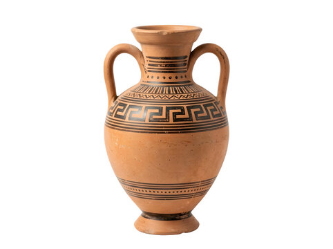 Ancient Greek amphora with meander pattern, terracotta pottery vase with handles, antique ceramic vessel isolated on white background
