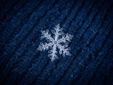 A single intricate natural snowflake resting on a dark blue knitted wool fabric background, showing the detailed, crystalline structure of, the ice