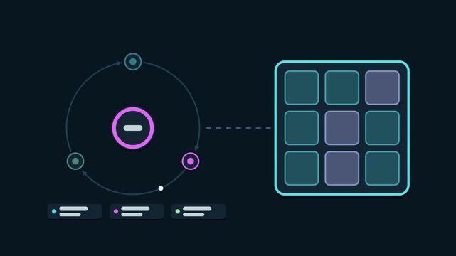 Animated cache invalidation concept in a modern dark mode style, purging stale entries in a smooth 4K seamless loop. Neon teal and turquoise accents, flowing dots and placeholder interface cards on a 