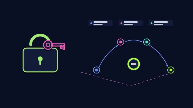 Seamless 4K looping animation explaining drm license request, with the diagram unlocking playback. Flat vector shapes, glowing blue and azure connector lines and dark UI cards with blank text placehol