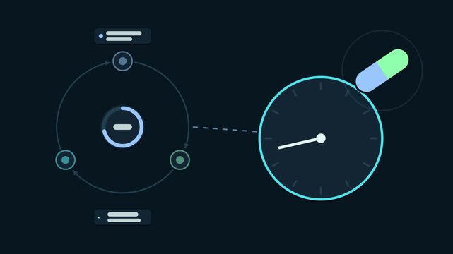 Seamless 4K looping animation explaining medication reminder, with the diagram scheduling daily doses. Flat vector shapes, glowing blue and azure connector lines and dark UI cards with blank text plac