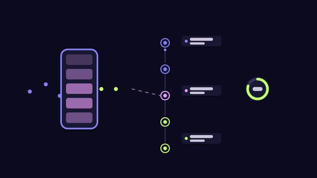 Animated jitter buffer smoothing concept in a modern dark mode style, evening packets in a smooth 4K seamless loop. Neon blue and azure accents, flowing dots and placeholder interface cards on a dark 