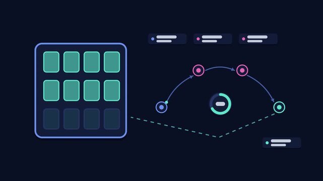Animated cache warming strategy concept in a modern dark mode style, preloading entries in a smooth 4K seamless loop. Neon blue and azure accents, flowing dots and placeholder interface cards on a dar